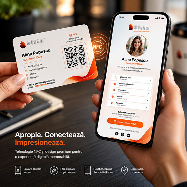 Card NFC Sitto și profilul digital corespunzător afișat pe telefon